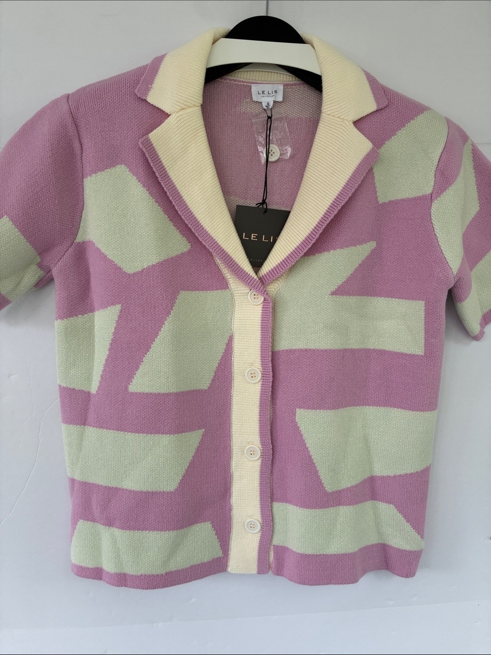 Le Lis Geometric Short Sleeve Collared Knit Cardigan Pink-Lavender Mint Small